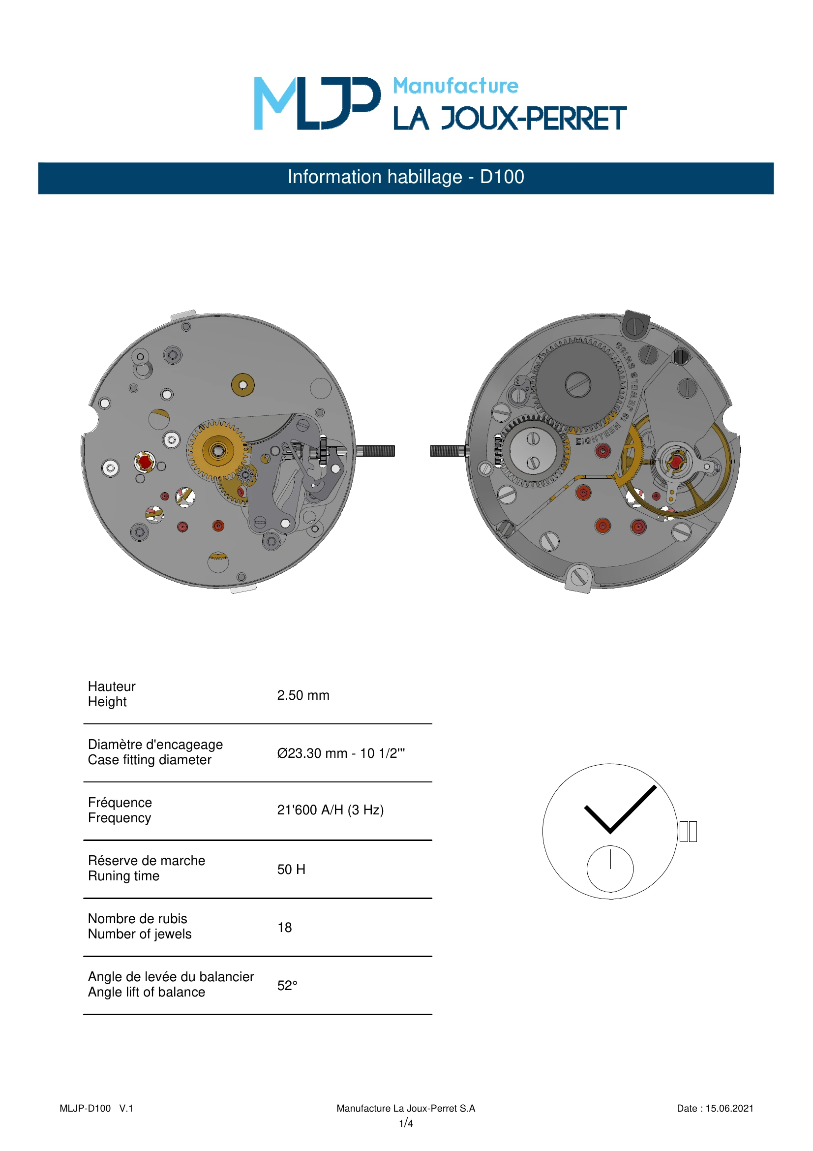 La Joux-Perret D100 technical sheet, page 1: movement views and basic specifications