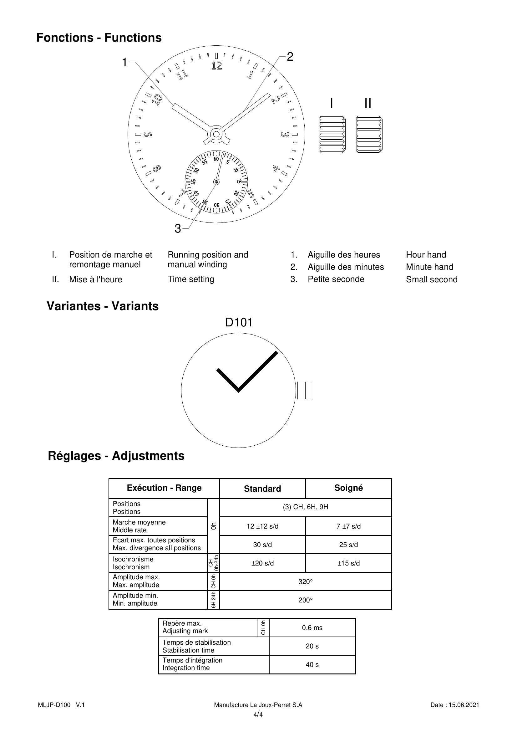 La Joux-Perret D100 technical sheet, page 4: winding and time setting, movement variant and adjustment specifications