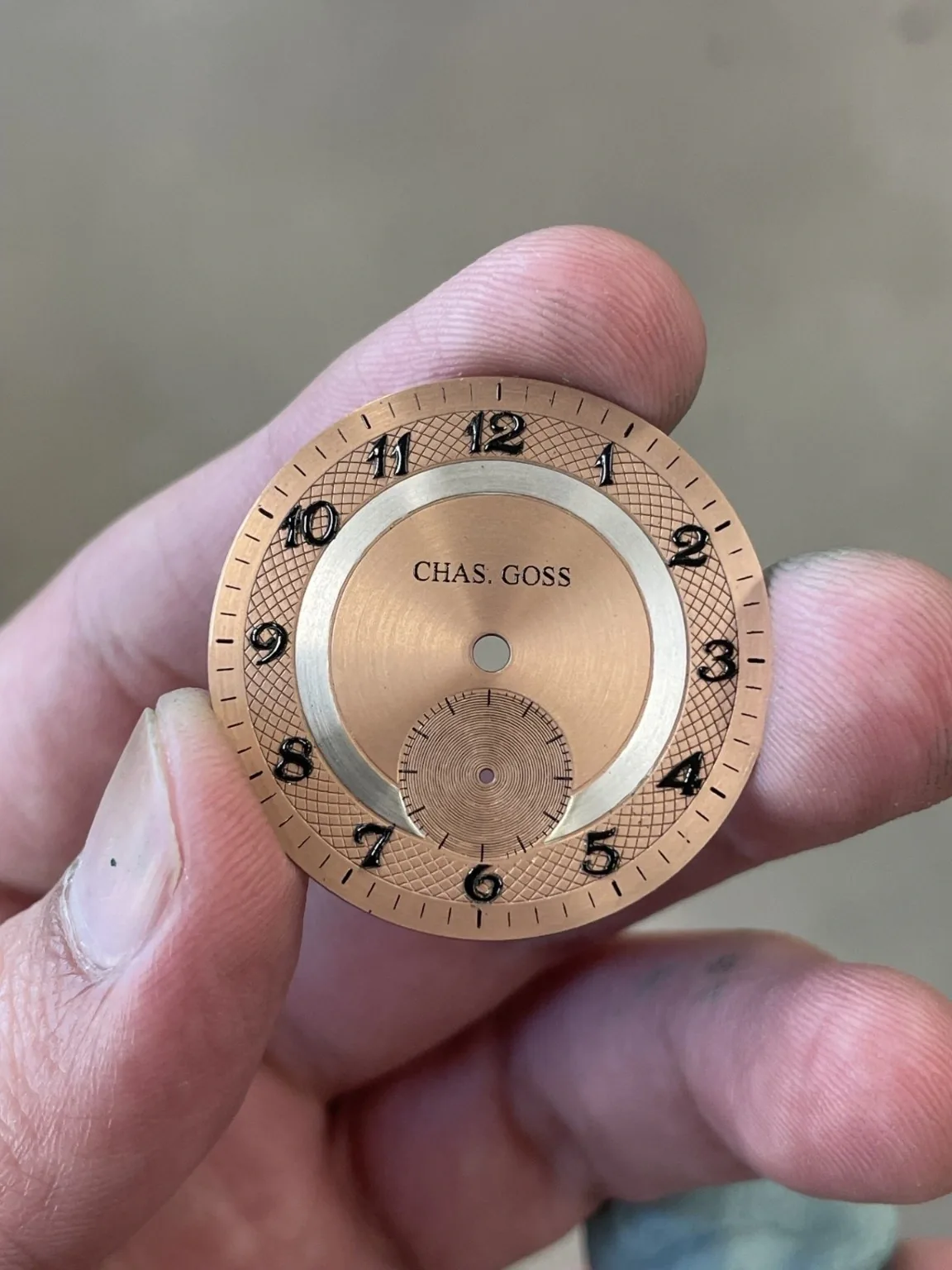 Original photograph of the first Premiere dial prototype with applied numerals, before the lighting and color adjustment