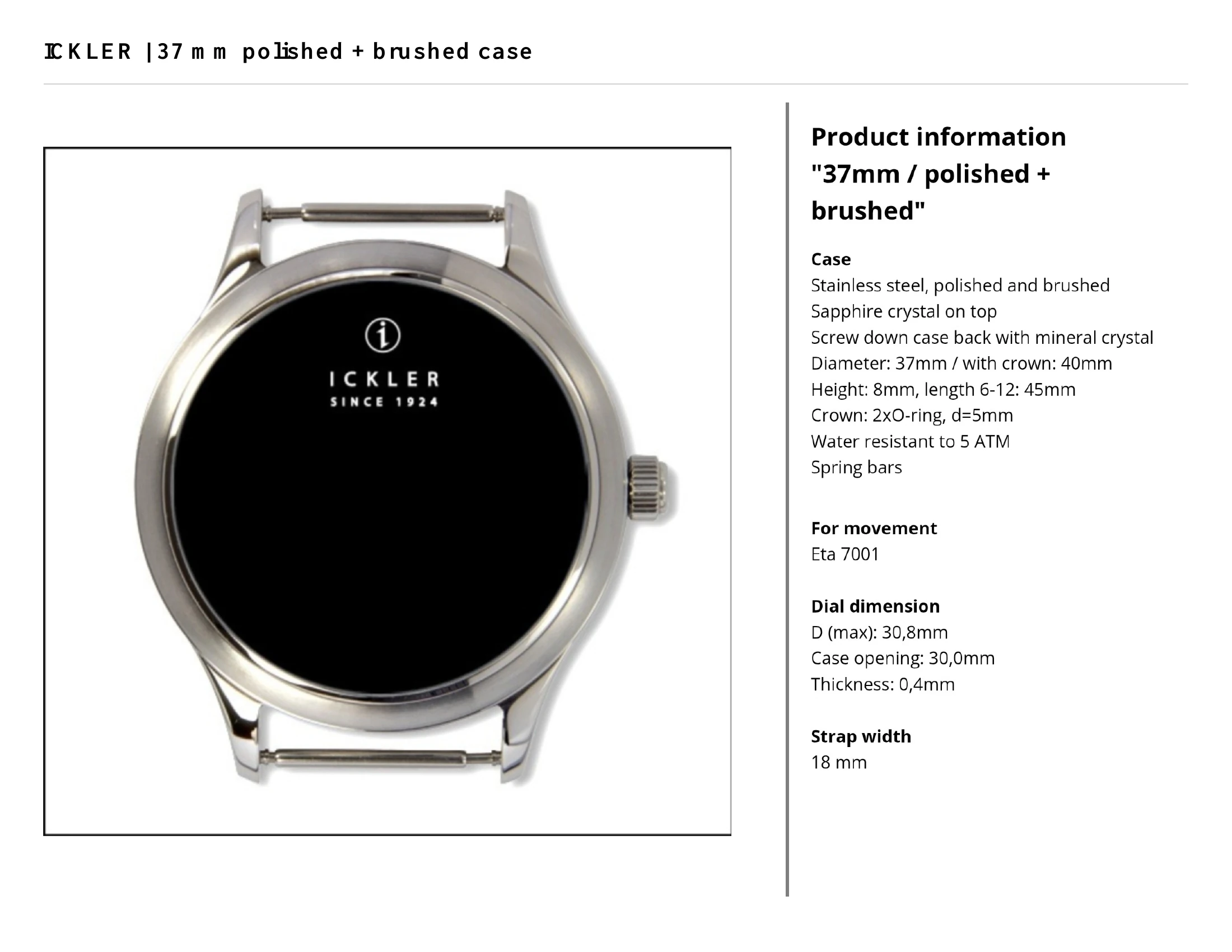 Ickler 37 mm case photograph and supplier specifications, including materials, case dimensions, dial dimensions and strap width